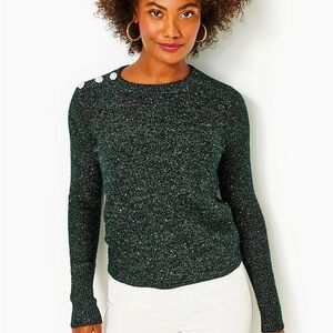 Lilly Pulitzer MORGEN SEQUIN SWEATER, EVERGREEN METALLIC rhinestone detail xs